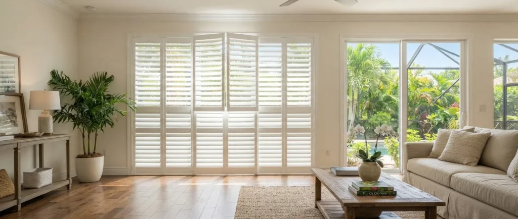 Bright coastal living room featuring custom white bifold plantation shutters installed over sliding glass patio doors overlooking a tropical garden.