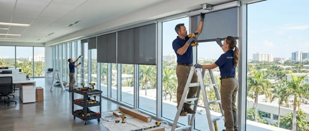 Professional installation team mounting commercial dark solar roller shades on floor-to-ceiling office windows from step ladders.