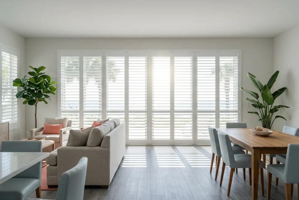 Bright open-concept living and dining room featuring a full wall of white custom plantation shutters covering sliding glass patio doors overlooking palm trees.
