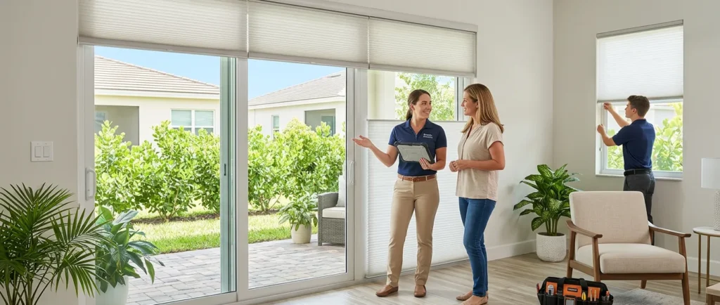 Window treatment consultant holding a digital tablet discussing cellular shade options with a homeowner while a technician installs shades on a nearby window.