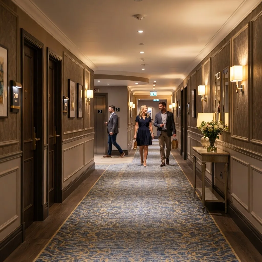 Well-lit hotel corridor featuring patterned blue carpet, warm wall sconce lighting, decorative wall moldings, and guests walking down the hallway.