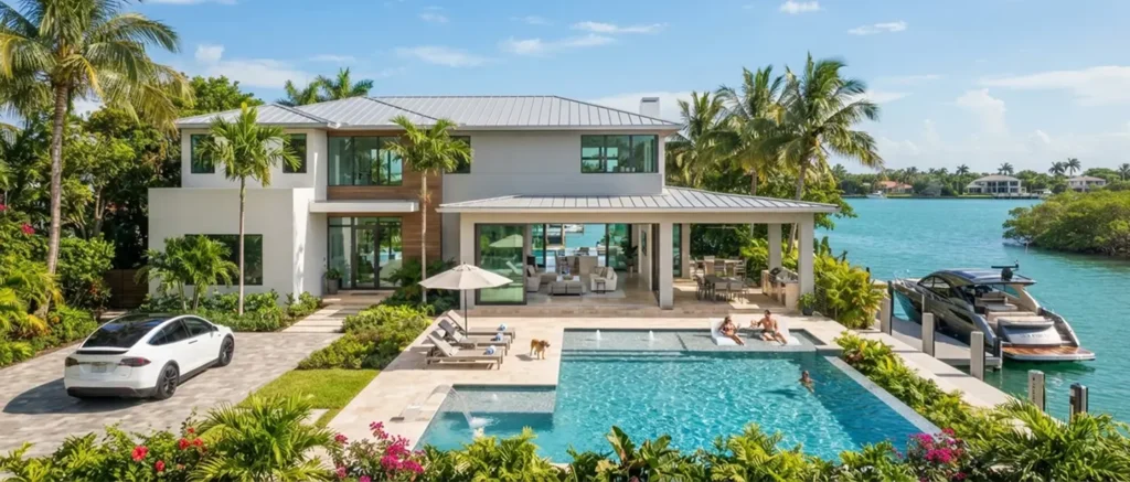 Modern luxury waterfront villa with a large swimming pool, sun loungers, outdoor patio lounge, driveway with an electric car, and a private dock with a docked yacht.