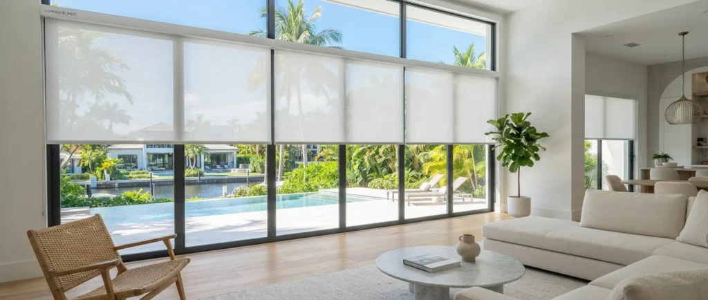 Modern open-concept living room with large glass doors equipped with white motorized solar roller shades overlooking a backyard swimming pool and patio.