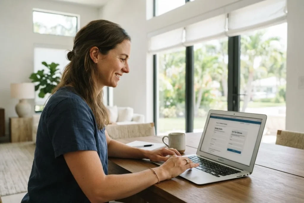 Smiling woman filling out an online consultation form on her laptop at a wooden table in a bright room with window shades.
