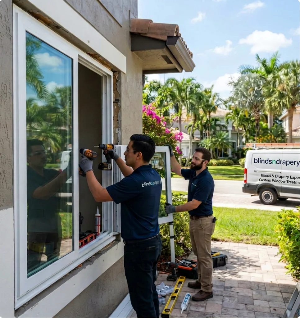 Two professional technicians using power drills and levels to install and secure custom white window frames on the exterior of a residential home.
